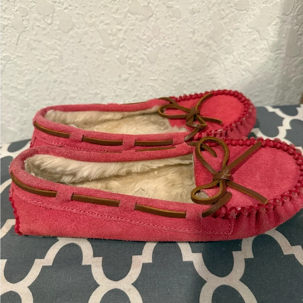 Minnetonka Pink Suede Moccasins with Bow